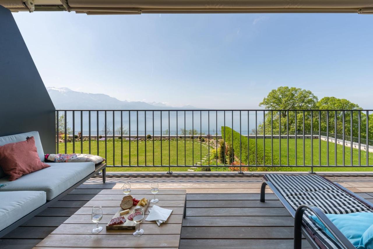 Les Terrasses De Lavaux 1 - Appartement De Luxe Avec Vue Panoramique Et Piscine Puidoux Eksteriør bilde